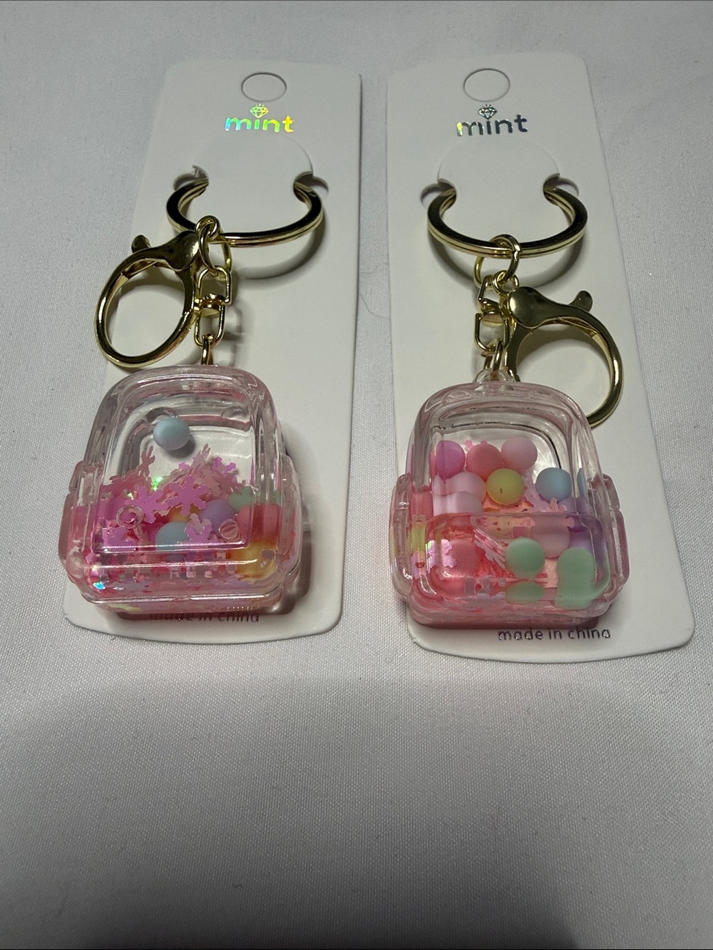 Set of 2 Mint Pink Glitter Mini Backpack Keychain Pair with Gold Hardware